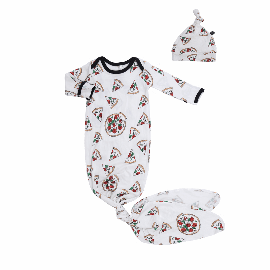 Hipster Pizza Bamboo Knotted Newborn Gown + Hat Set - Peregrine Kidswear - Newborn Gown + Hat Sets - NEWBORN