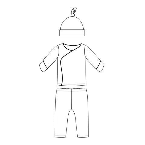 A black and white doodle showcasing a newborn pajama set. The image include a knotted hat, kimono top, and pants. 